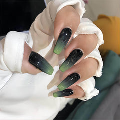 QQPPOLIU Gradient Press on Nails Coffin Long Press Ons Fake Nails Black to Green Glue on Nails Glossy Nails Long Coffin Press on Nails for Women Gift