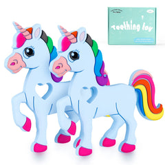 HAOBAOBEI Silicone Unicorn Baby Teething Toy for 0-6month Infants Baby Chew Toys for Sucking Needs Hand Pacifier for Breast Feeding Babies Car Seat Toy for New Born Christmas Gifts (2Pack-Blue)